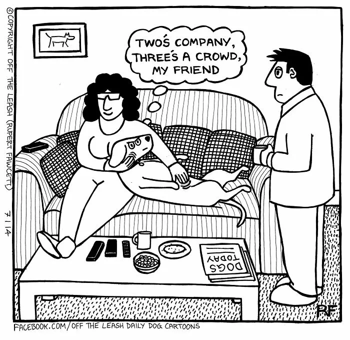 A dog cartoon where a woman cuddles a dog on the couch while a man stands, feeling left out.