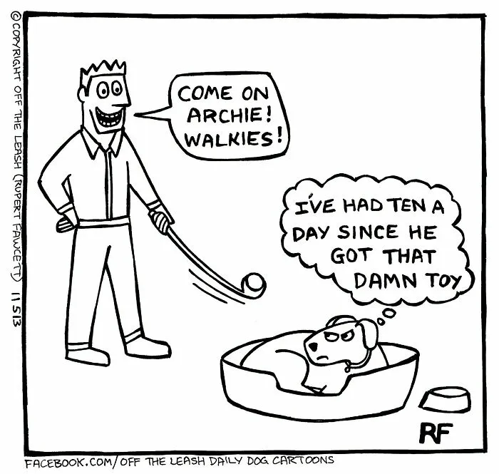 A dog cartoon showing a man asking his dog, Archie, to go for walkies, but Archie is tired of playing.