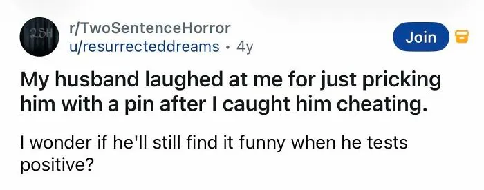 Spine-chilling short horror story about pricking cheating husband with a pin