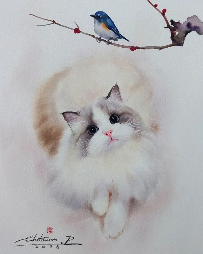 This Artist’s Watercolor Cat Paintings Are Full Of Personality And Charm (45 Pics)