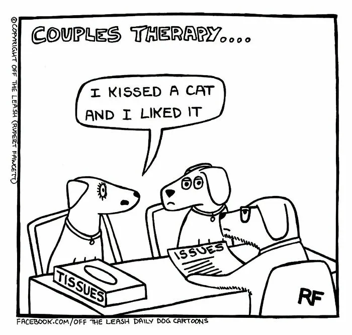 A dog cartoon confesses 'I kissed a cat' in couples therapy with another dog and therapist. Captures weird bits of dog life.