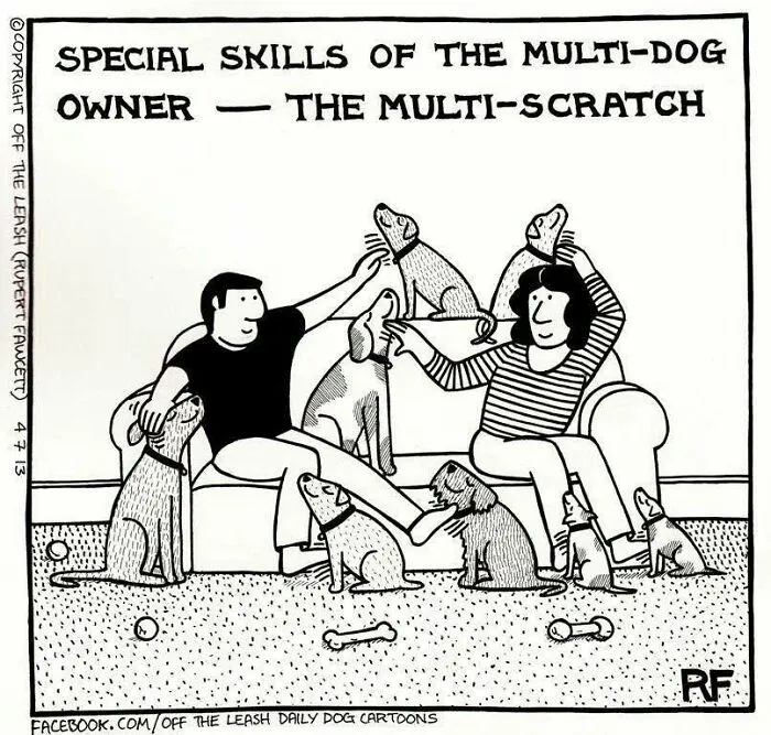 A comic showing a couple multi-scratching several dog cartoons at once. The image captures wonderful bits of dog life.