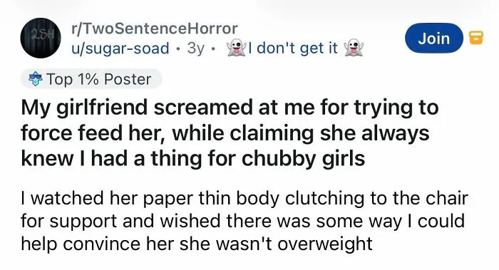 Spine-chilling story about a girlfriend and obsession with chubby girls