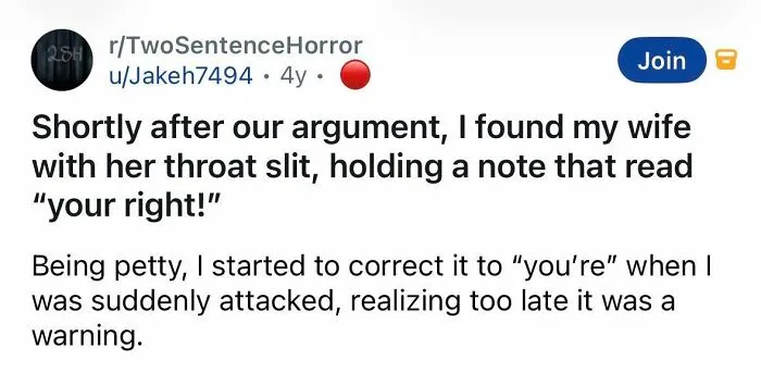 Horror story about finding a wife with her throat slit and a warning note