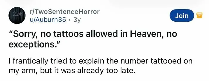 Spine-chilling story about no tattoos allowed in Heaven and a too-late explanation of a tattooed number.