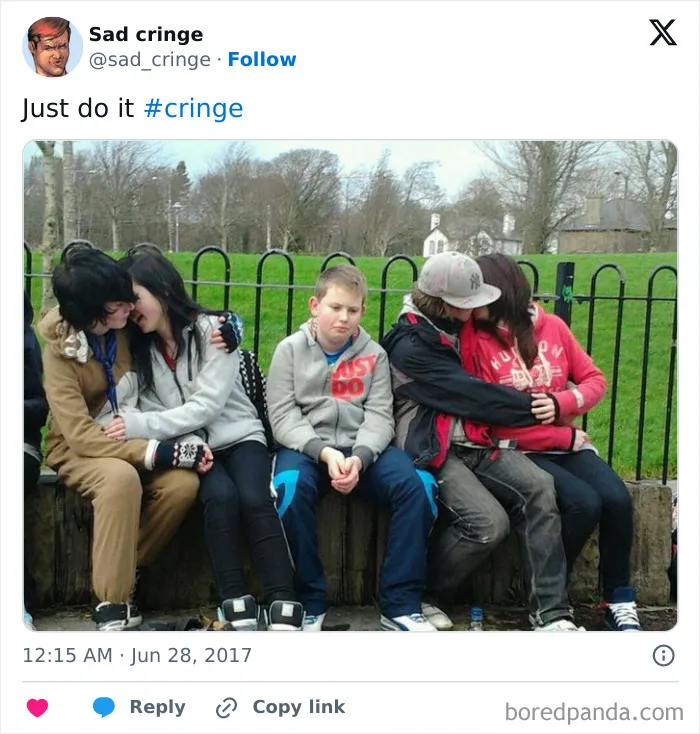 Sad cringe image of a boy sitting alone between two cuddling couples, showing cringy content.