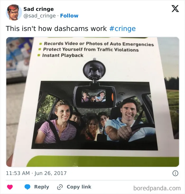 Cringy dashcam packaging showing a family in a car, an example of incredibly sad content.