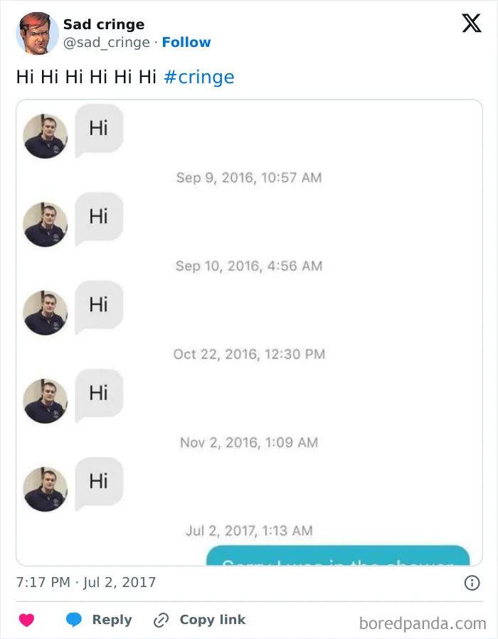 A screenshot of a cringy message chain with multiple unanswered 'Hi' texts. Sad, incredibly sad.