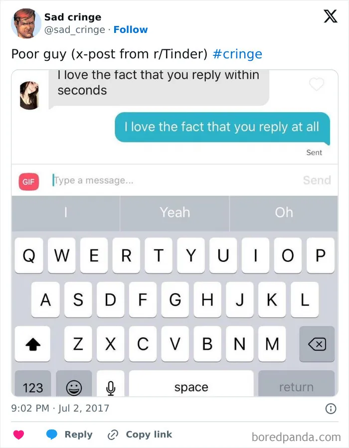 A screenshot of a cringy Tinder conversation about replying quickly. Sad, incredibly sad.
