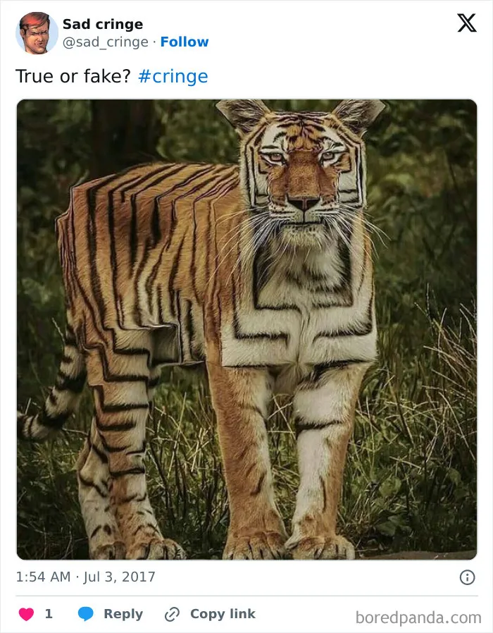 Incredibly sad cringy image of a blocky tiger, questioning if it's true or fake.