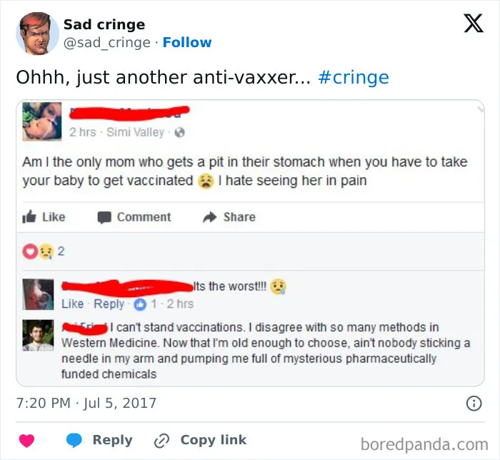 A screenshot of a Facebook post with comments about anti-vaxxers and vaccinations, an example of cringy content.