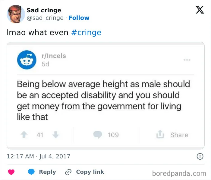 A cringy Reddit post from r/Incels about height as a disability. Sad, incredibly sad.