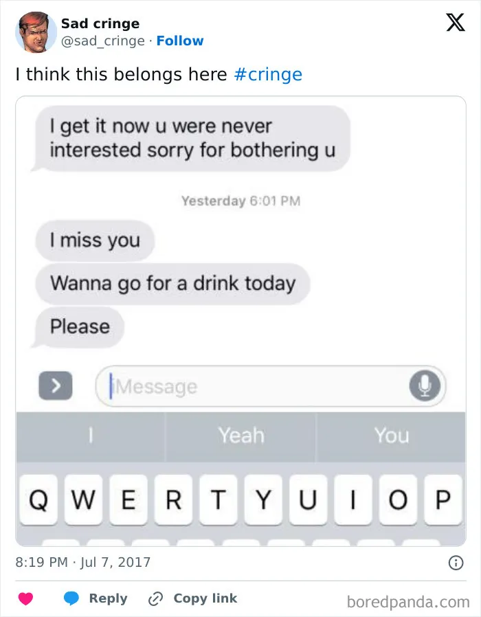 A sad cringe text message exchange showing repeated unanswered messages from an ignored person.