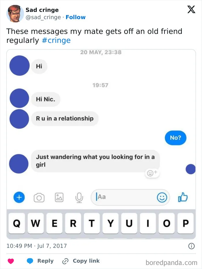 A cringy text message conversation where someone asks personal questions about a relationship.