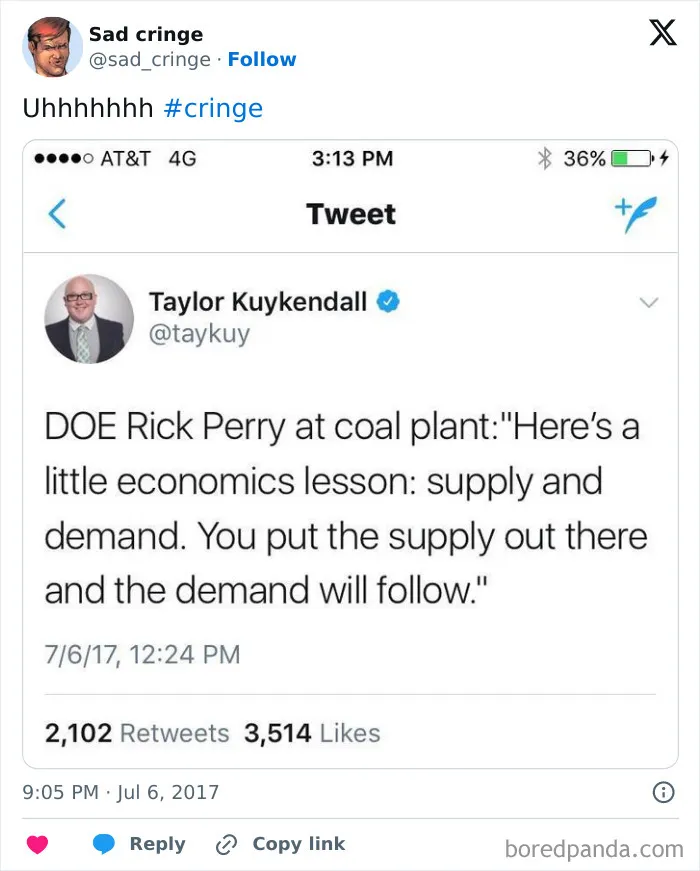 A screenshot of a cringy tweet from Taylor Kuykendall discussing economics at a coal plant. People found it incredibly sad.