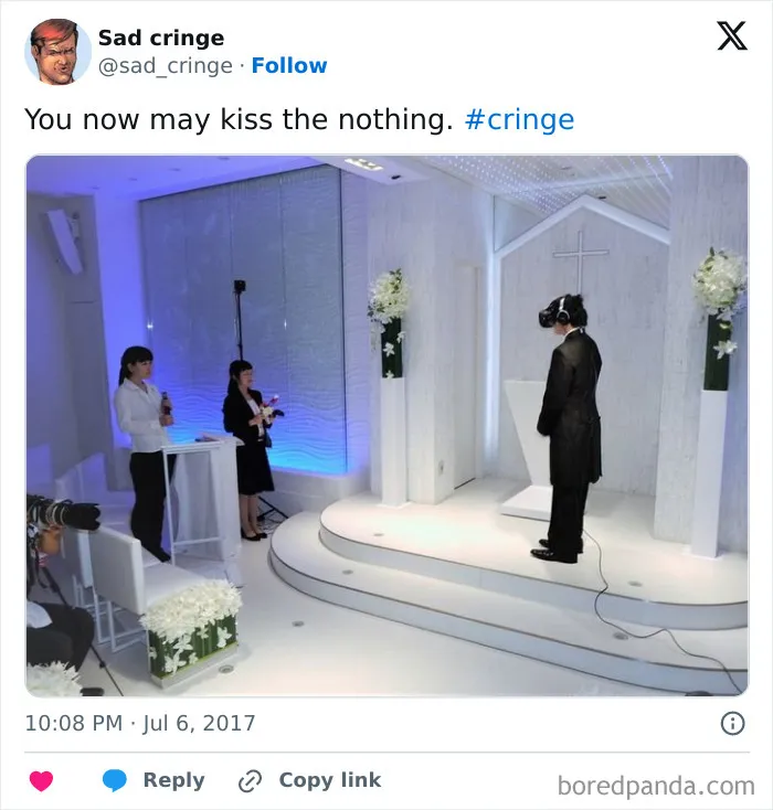 A man wearing a VR headset getting married in a cringy ceremony, making people incredibly sad.