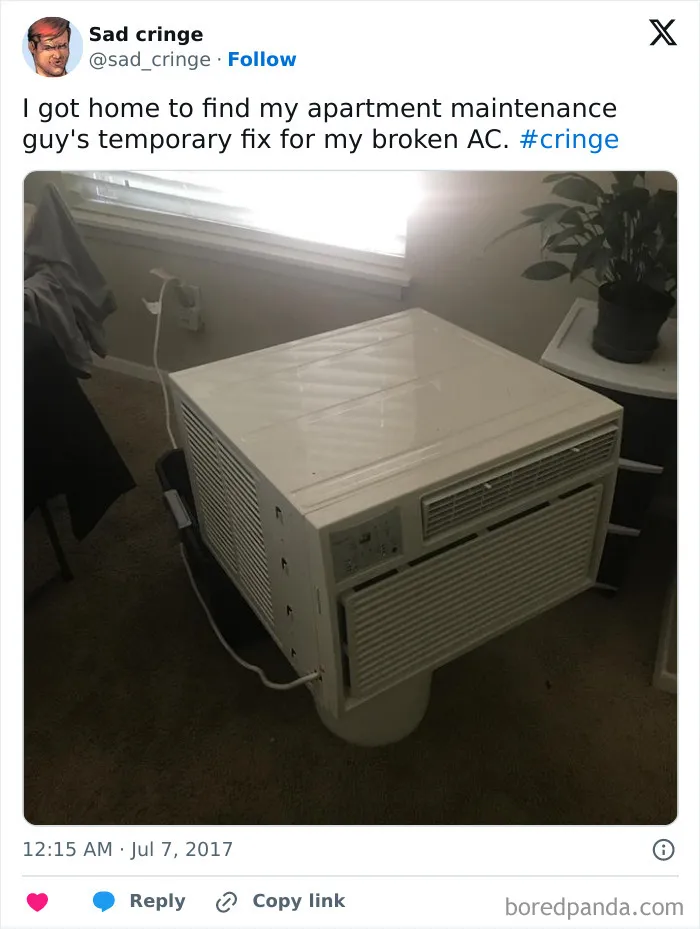 A cringy temporary AC unit fix in an apartment, an incredibly sad and inadequate solution.