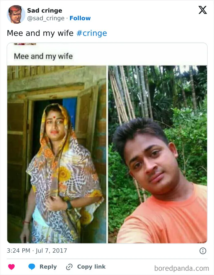A split image of two cringy people, labeled as mee and my wife, in different outdoor settings.