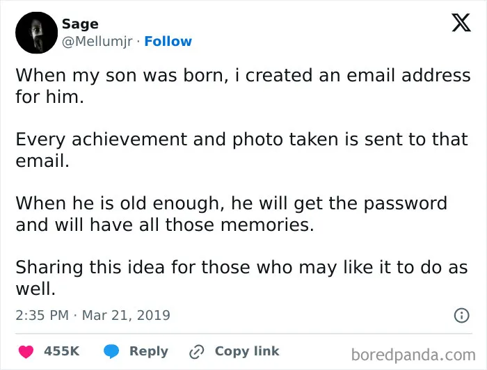Emotional tweet meme about creating an email for son's memories in funny memes