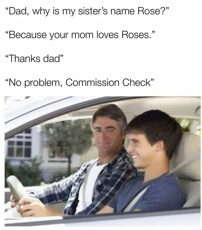 Father and son smiling in car with sales commission joke