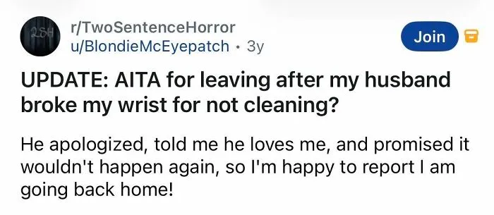 Short spine-chilling story about a husband apologizing after breaking wrist for not cleaning