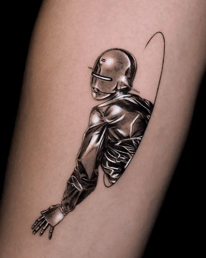 Chrome Cyborg Passing Through A Portal