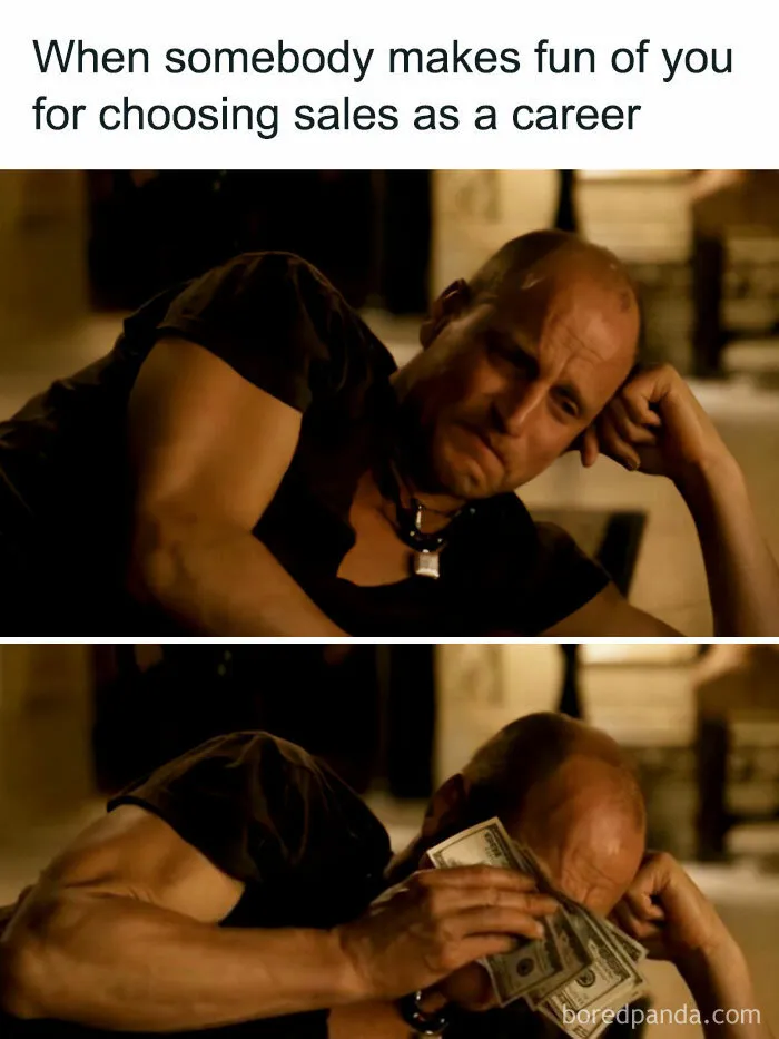 Meme about sales career showing man crying with money