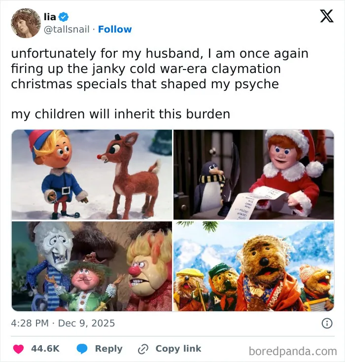 Tweet about Cold War-era claymation Christmas specials shaping childhood psyche
