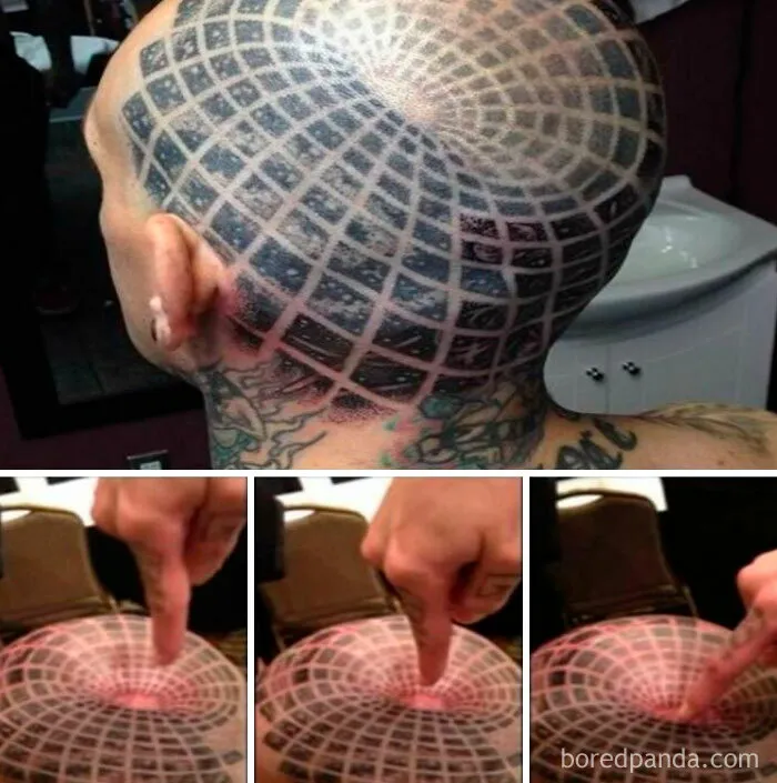 A person with a mind-bending 3D tattoo on their head, creating an optical illusion, a hilarious tattoo.