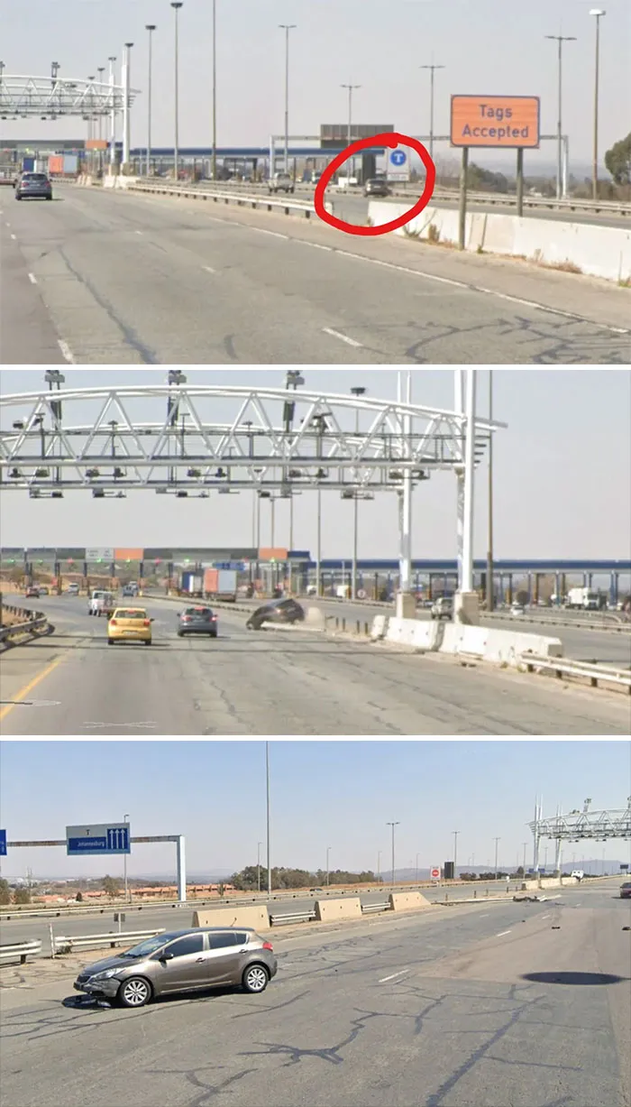 A sequence of funny Google Street View photos showing a car parked precariously on a highway barrier.