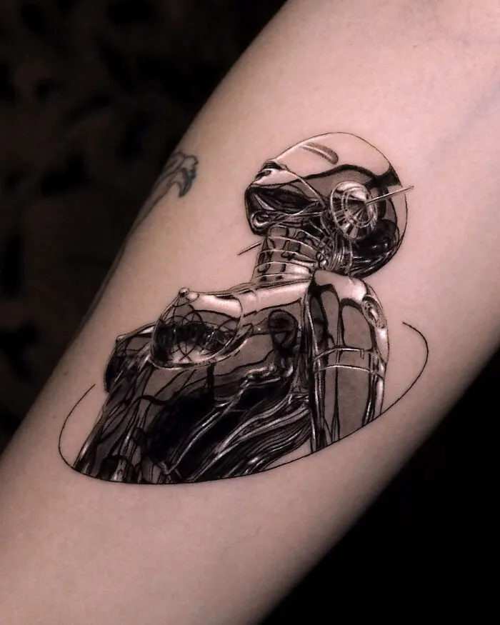 Chrome Cyborg Tilting Her Head Back