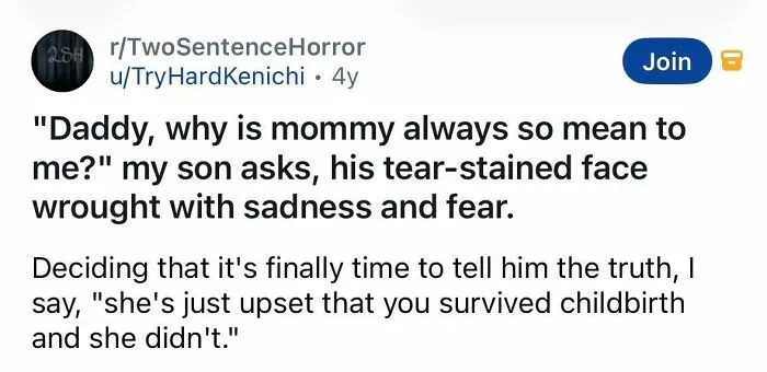 Horror story revealing a son's fear and mother's tragic death after childbirth.