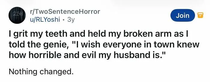 Short spine chilling story about a woman wishing her town knew her husband's evil nature