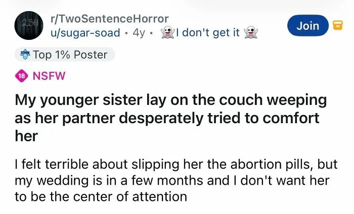Short spine chilling story featuring a younger sister weeping and a secret involving abortion pills