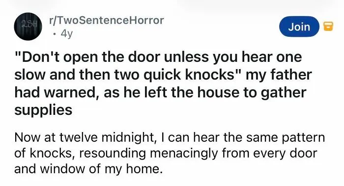Short spine chilling story about a warning of door knocks heard menacingly at midnight