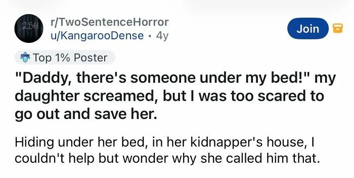 Short spine-chilling story of a kidnapped child hiding under bed and scared father.