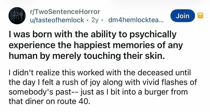 Psychic ability to experience happiest memories by touching skin in short spine-chilling story.