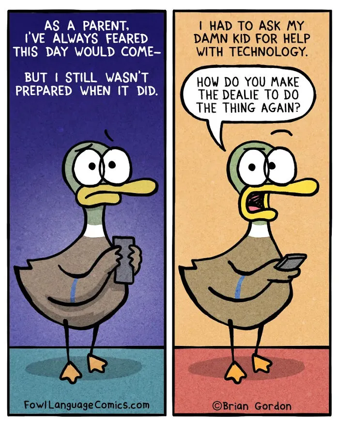 Relatable cartoon of a parent asking their kid for help with technology by Brian Gordon