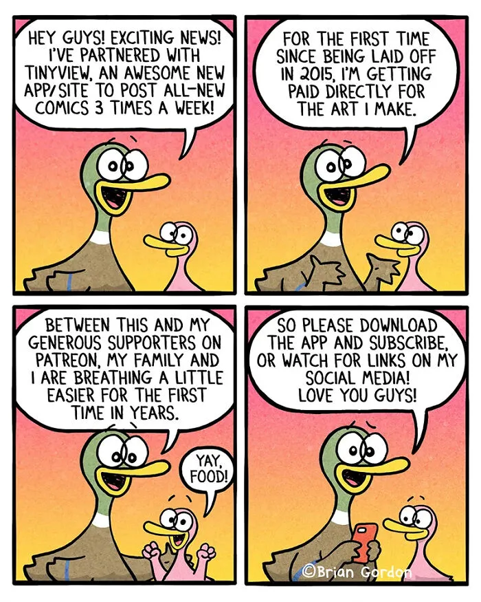 Cartoon by Brian Gordon announcing partnership with Tinyview app for new relatable family comics