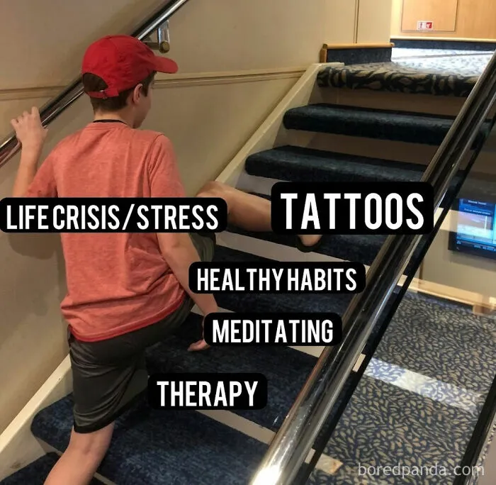 A boy climbing stairs, with different text labels on each step. The topmost step is labeled Tattoos.
