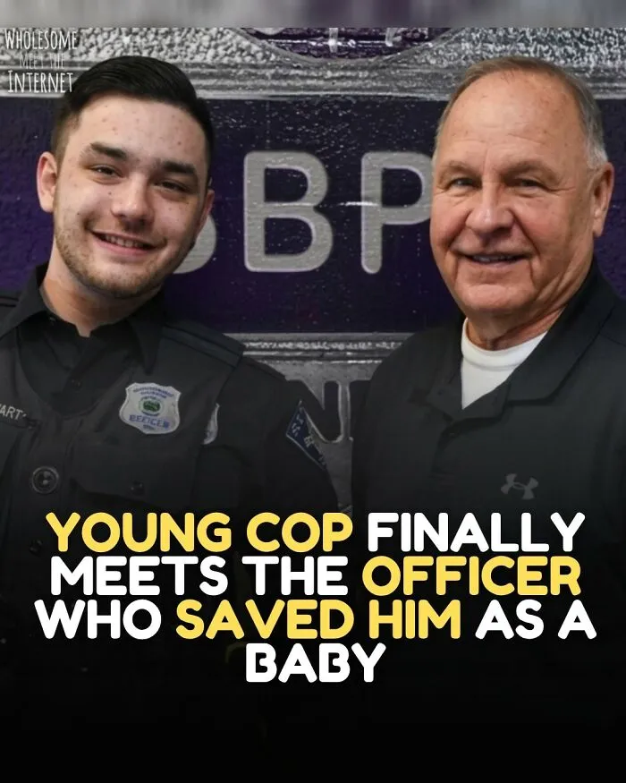 Young cop meets officer who saved him as a baby, both smiling