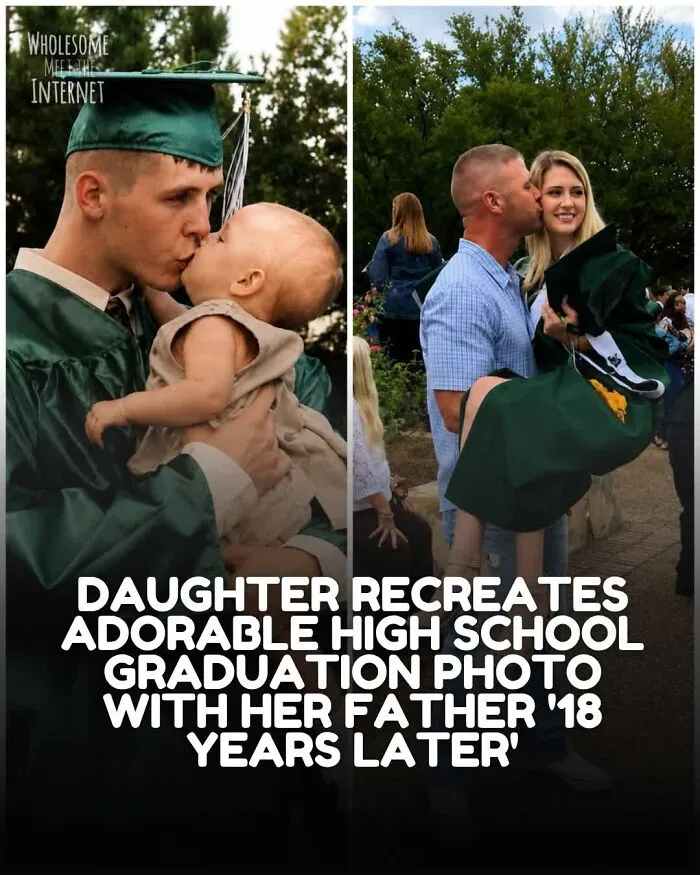 Daughter recreates high school graduation photo with father after 18 years