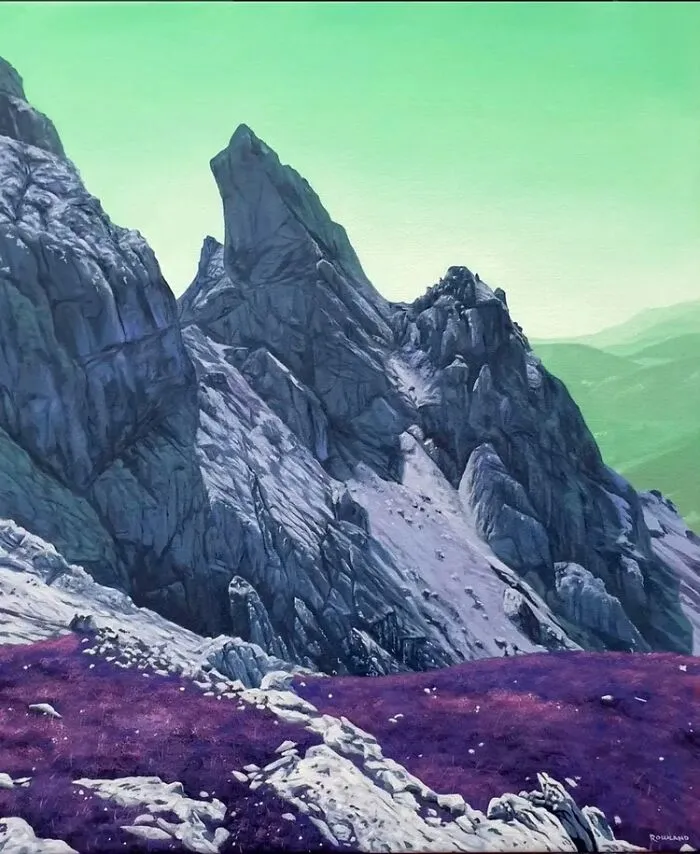 A dreamlike painting of a rugged mountain landscape with sharp peaks and a foreground of vivid purple vegetation.