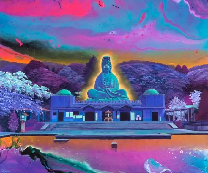 A dreamlike painting of a large Buddha statue glowing above a temple, surrounded by a vivid, colorful landscape and sky.