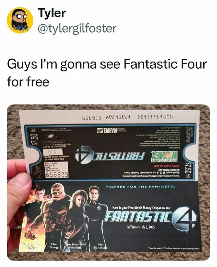 Free Fantastic Four movie ticket from 2005 showing classic comic characters
