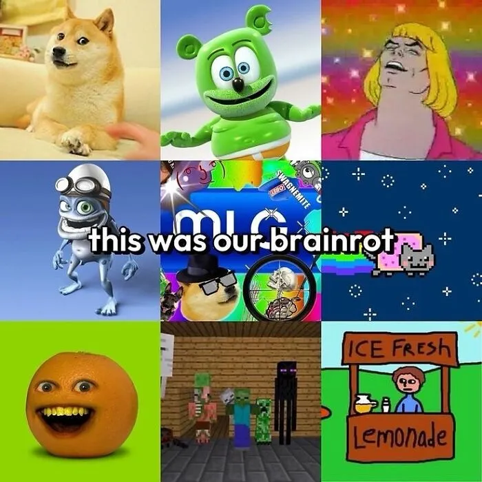 Nostalgic 1990s and 2000s icons like Doge, Gummy Bear, and Minecraft characters collage
