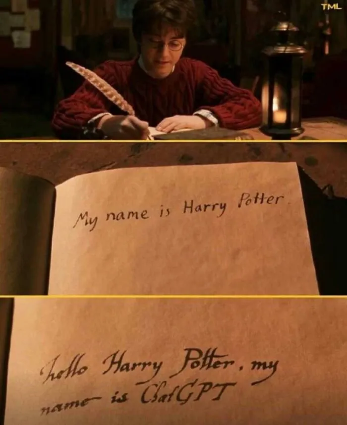 Harry Potter meme showing handwriting transformation referencing ChatGPT