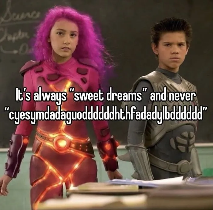 Teenagers in colorful outfits with meme about sweet dreams in nostalgic TV show