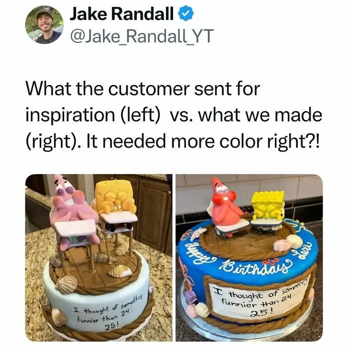 Comparison of customer cake request and final colorful cartoon cake made
