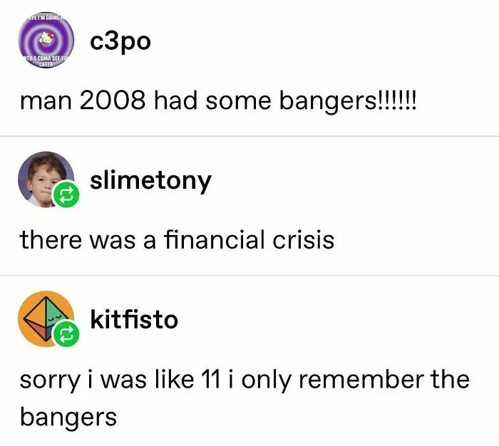 Humorous tweet thread about 2008 memories and financial crisis